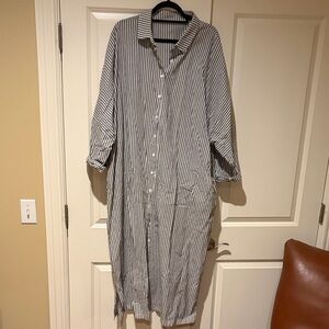 Striped Longline Button-Up Shirt - Blue/White